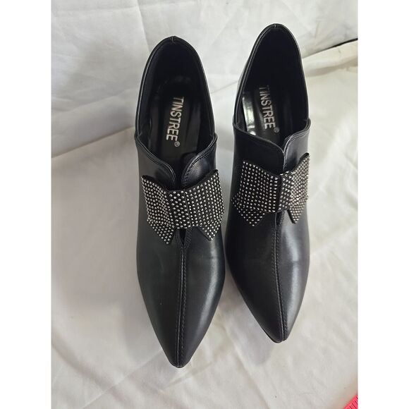 Tinstree Black Pointed Toe‎ Bootie With Silver Studded Bow Size 9 - Picture 3 of 11